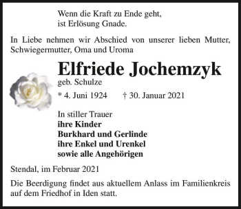 Traueranzeige von Elfriede Jochemzyk (geb. Schulze)  von Magdeburger Volksstimme