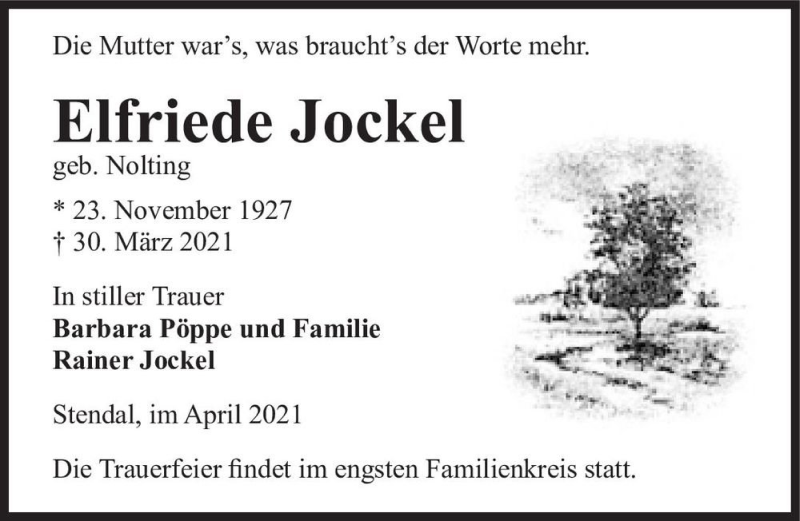  Traueranzeige für Elfriede Jockel (geb. Nolting)  vom 07.04.2021 aus Magdeburger Volksstimme