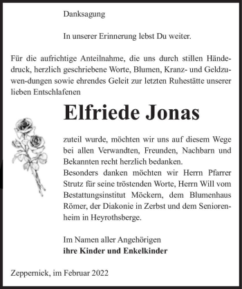 Traueranzeige von Elfriede Jonas  von Magdeburger Volksstimme