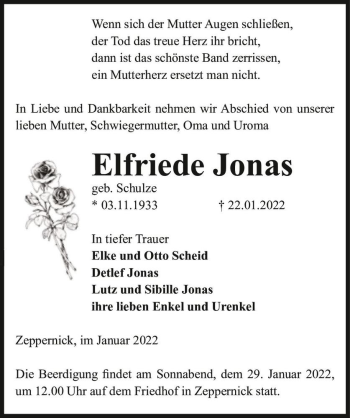 Traueranzeige von Elfriede Jonas (geb. Schulze)  von Magdeburger Volksstimme
