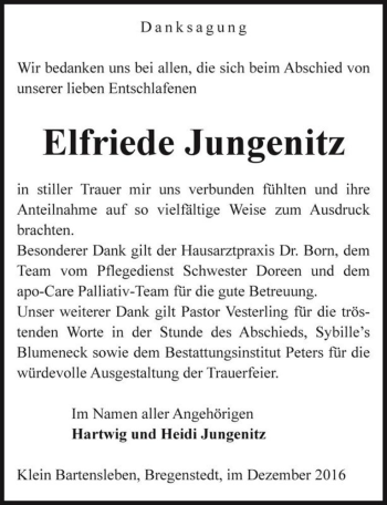 Traueranzeige von Elfriede Jungenitz  von Magdeburger Volksstimme