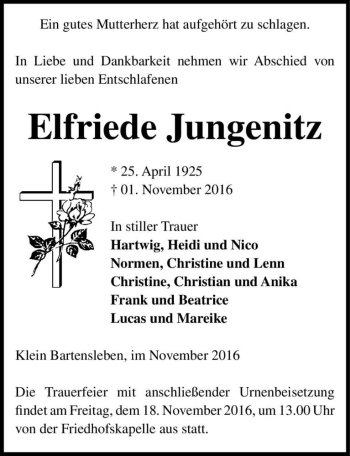 Traueranzeige von Elfriede Jungenitz  von Magdeburger Volksstimme