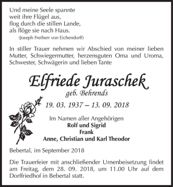 Traueranzeige von Elfriede Juraschek (geb. Behrends)  von Magdeburger Volksstimme
