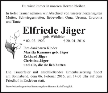 Traueranzeige von Elfriede Jäger (geb. Wöhlbier)  von Magdeburger Volksstimme