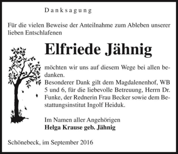 Traueranzeige von Elfriede Jähnig  von Magdeburger Volksstimme