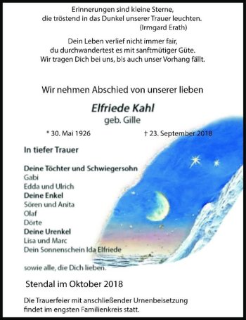 Traueranzeige von Elfriede Kahl (geb. Gille)  von Magdeburger Volksstimme