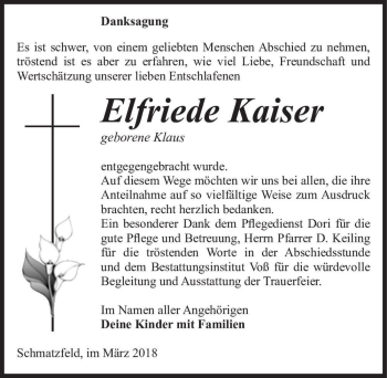 Traueranzeige von Elfriede Kaiser (geb. Klaus)  von Magdeburger Volksstimme