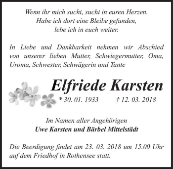 Traueranzeige von Elfriede Karsten  von Magdeburger Volksstimme