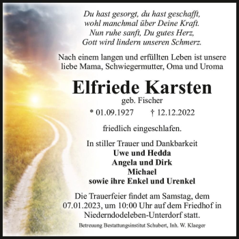 Traueranzeige von Elfriede Karsten (geb. Fischer)  von Magdeburger Volksstimme