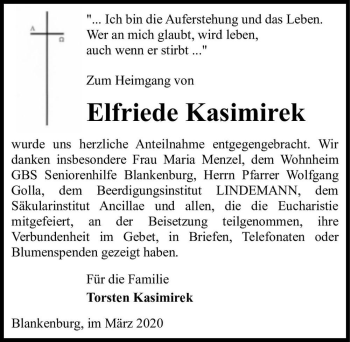 Traueranzeige von Elfriede Kasimirek  von Magdeburger Volksstimme