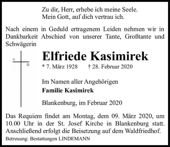 Traueranzeige von Elfriede Kasimirek  von Magdeburger Volksstimme