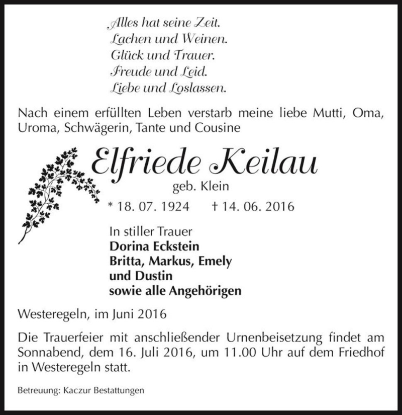  Traueranzeige für Elfriede Keilau (geb. Klein)  vom 18.06.2016 aus Magdeburger Volksstimme