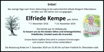 Traueranzeige von Elfriede Kempe (geb. Kühne)  von Magdeburger Volksstimme