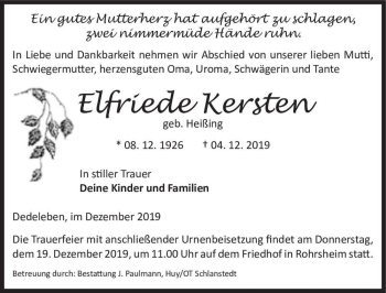 Traueranzeige von Elfriede Kersten (geb. Heißing)  von Magdeburger Volksstimme