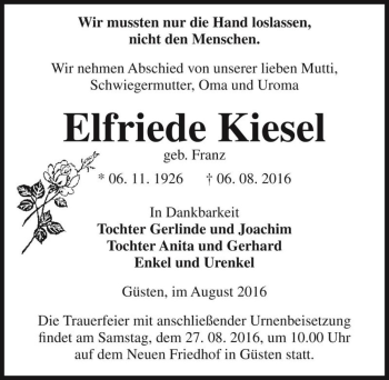 Traueranzeige von Elfriede Kiesel (geb. Franz)  von Magdeburger Volksstimme
