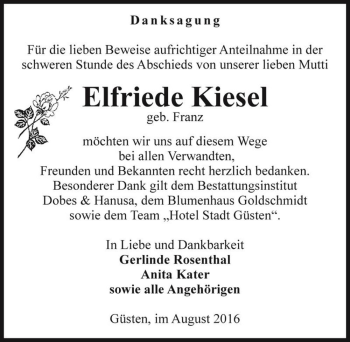 Traueranzeige von Elfriede Kiesel (geb. Franz)  von Magdeburger Volksstimme