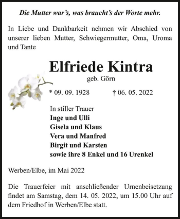 Traueranzeige von Elfriede Kintra (geb. Görn)  von Magdeburger Volksstimme
