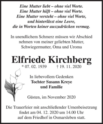 Traueranzeige von Elfriede Kirchberg  von Magdeburger Volksstimme