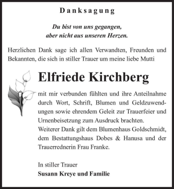 Traueranzeige von Elfriede Kirchberg  von Magdeburger Volksstimme