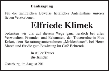 Traueranzeige von Elfriede Klimek  von Magdeburger Volksstimme