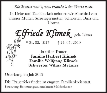 Traueranzeige von Elfriede Klimek (geb. Littau)  von Magdeburger Volksstimme