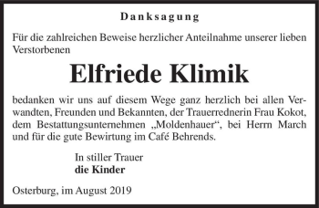 Traueranzeige von Elfriede Klimik  von Magdeburger Volksstimme