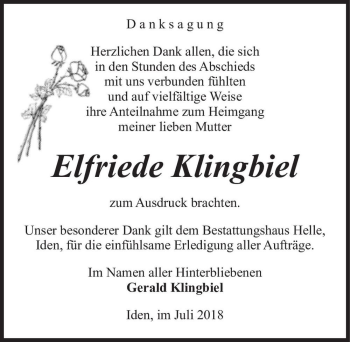 Traueranzeige von Elfriede Klingbiel  von Magdeburger Volksstimme