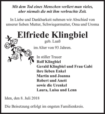 Traueranzeige von Elfriede Klingbiel (geb. Laaß)  von Magdeburger Volksstimme