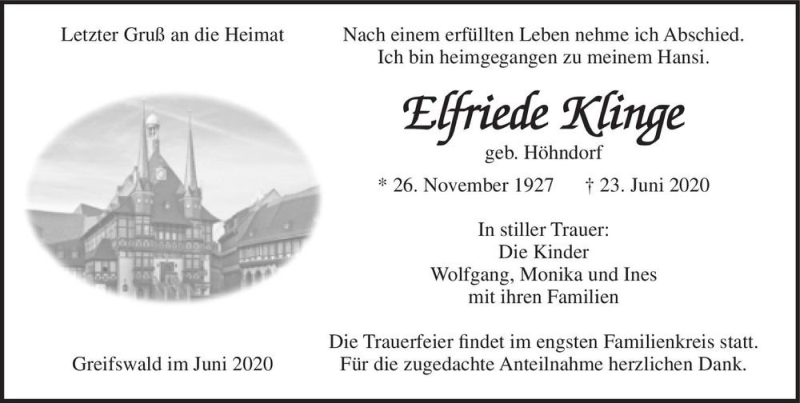  Traueranzeige für Elfriede Klinge (geb. Höhndorf)  vom 27.06.2020 aus Magdeburger Volksstimme