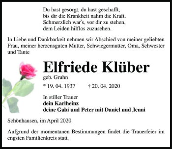 Traueranzeige von Elfriede Klüber (geb. Gruhn)  von Magdeburger Volksstimme