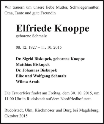 Traueranzeige von Elfriede Knoppe (geb. Schmalz)  von Magdeburger Volksstimme