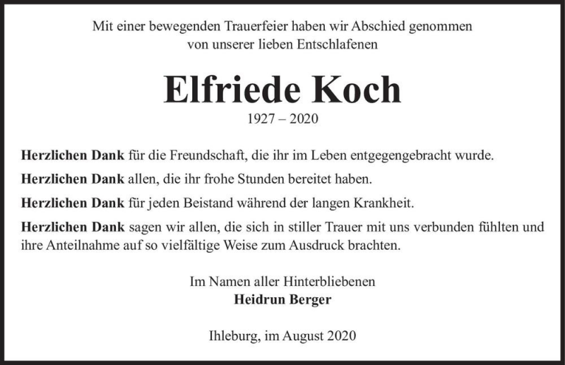  Traueranzeige für Elfriede Koch  vom 29.08.2020 aus Magdeburger Volksstimme
