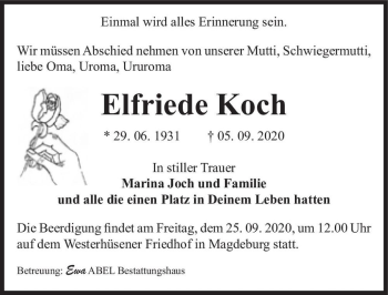 Traueranzeige von Elfriede Koch  von Magdeburger Volksstimme