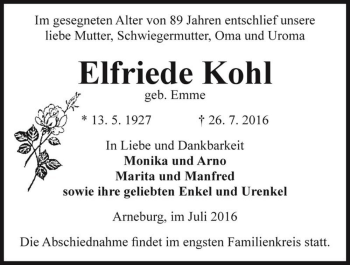 Traueranzeige von Elfriede Kohl (geb. Emme)  von Magdeburger Volksstimme