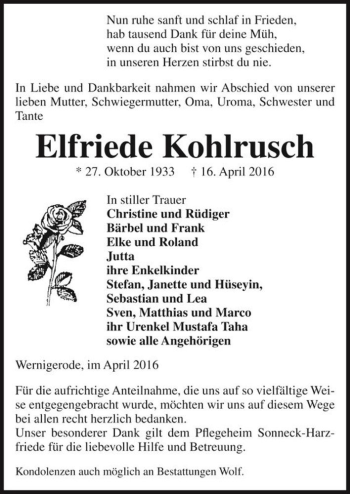 Traueranzeige von Elfriede Kohlrusch  von Magdeburger Volksstimme