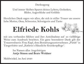 Traueranzeige von Elfriede Kohls  von Magdeburger Volksstimme