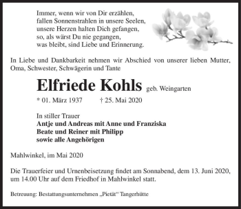 Traueranzeige von Elfriede Kohls (geb. Weingarten)  von Magdeburger Volksstimme