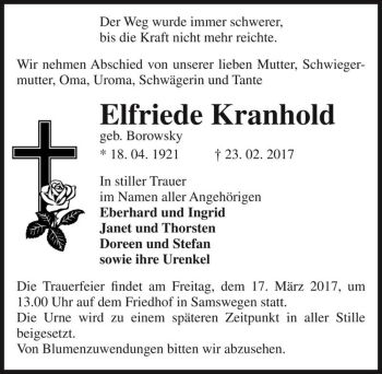 Traueranzeige von Elfriede Kranhold (geb. Borowsky)  von Magdeburger Volksstimme