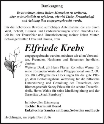 Traueranzeige von Elfriede Krebs  von Magdeburger Volksstimme