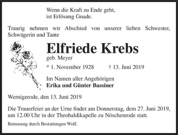 Traueranzeige von Elfriede Krebs (geb. Meyer)  von Magdeburger Volksstimme