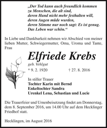 Traueranzeige von Elfriede Krebs (geb. Vehlgut)  von Magdeburger Volksstimme