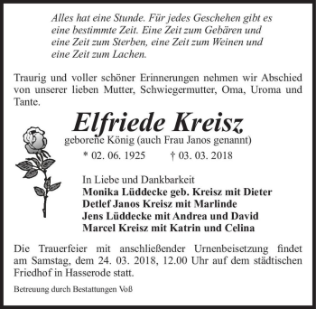 Traueranzeige von Elfriede Kreisz (geb. König) 