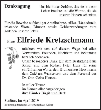 Traueranzeige von Elfriede Kretzschmann  von Magdeburger Volksstimme