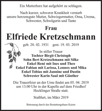 Traueranzeige von Elfriede Kretzschmann  von Magdeburger Volksstimme