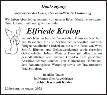 Traueranzeige von Elfriede Krolop  von Magdeburger Volksstimme