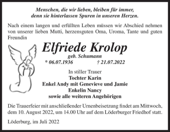Traueranzeige von Elfriede Krolop (geb. Schumann)  von Magdeburger Volksstimme