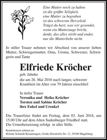 Traueranzeige von Elfriede Kröcher (geb. Jahnke)  von Magdeburger Volksstimme