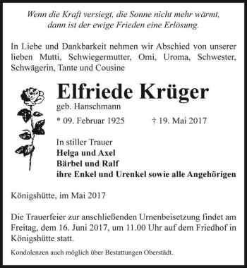 Traueranzeige von Elfriede Krüger (geb. Hanschmann)  von Magdeburger Volksstimme