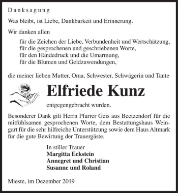 Traueranzeige von Elfriede Kunz  von Magdeburger Volksstimme