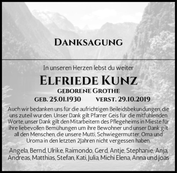 Traueranzeige von Elfriede Kunz (geb. Grothe)  von Magdeburger Volksstimme